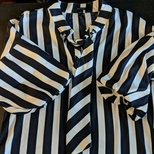 Stripe Tie Neck Puff Sleeve Blouse